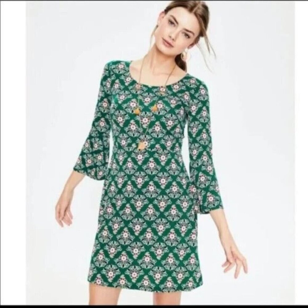 Boden Miriam Stretch Jersey Tunic Dress Green Floral Bell Sleeve US 8R